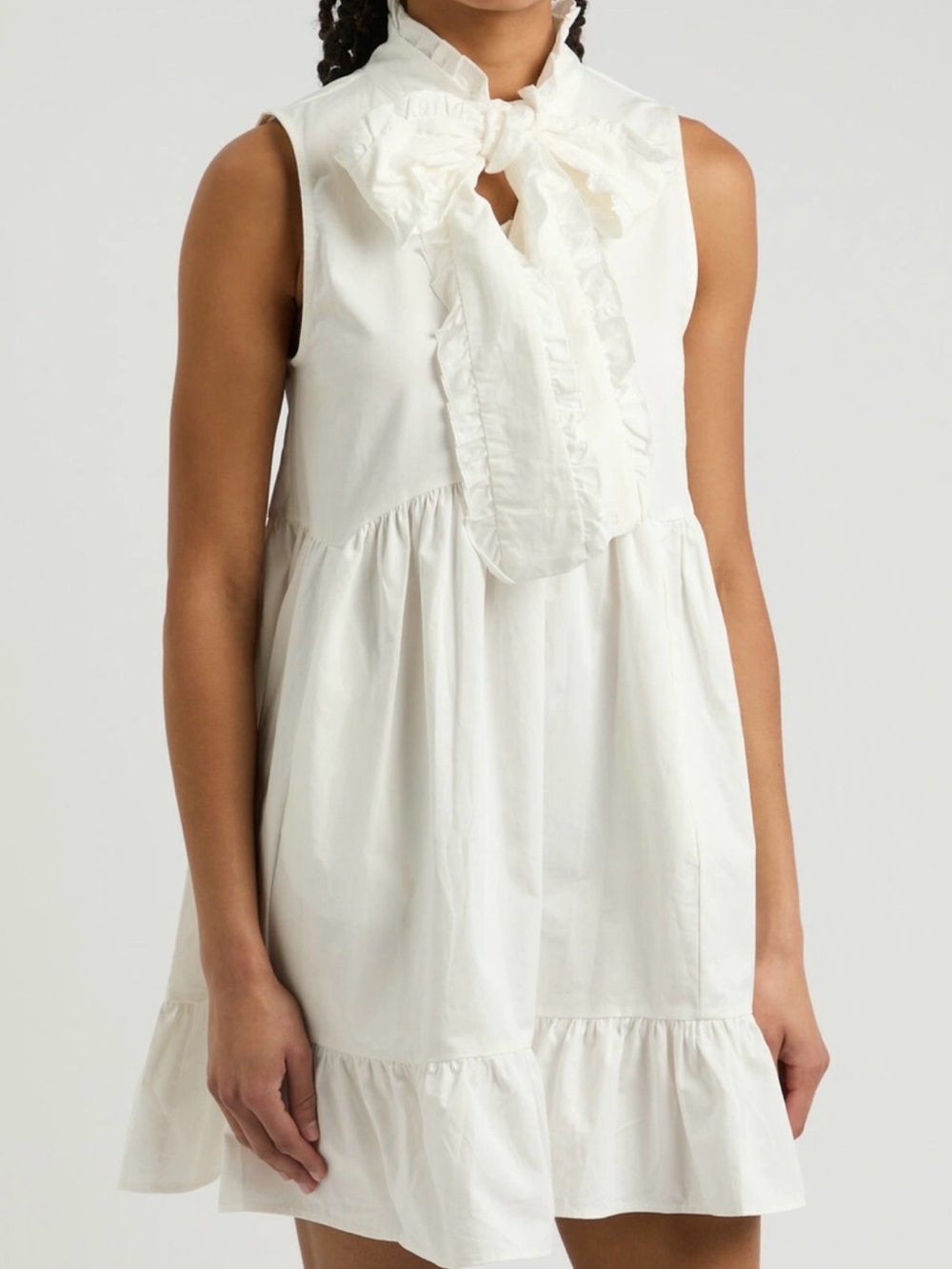 Sister Jane White Sleeveless Ruffle Tie Mini Dress